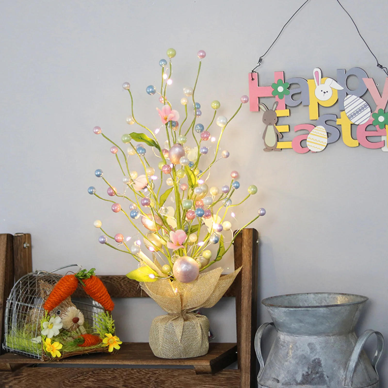 

LED Easter Egg Floral Table Tree Lights Happy Easter Tabletop Centerpiece Decoration Ornaments Holiday Bedroom Decoration