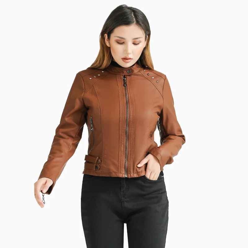 SANTELON Autumn Faux  PU Leather Jackets For Women Coats With Velvet Fashion Soft Rivets Design Long Sleeve Casual Outwear