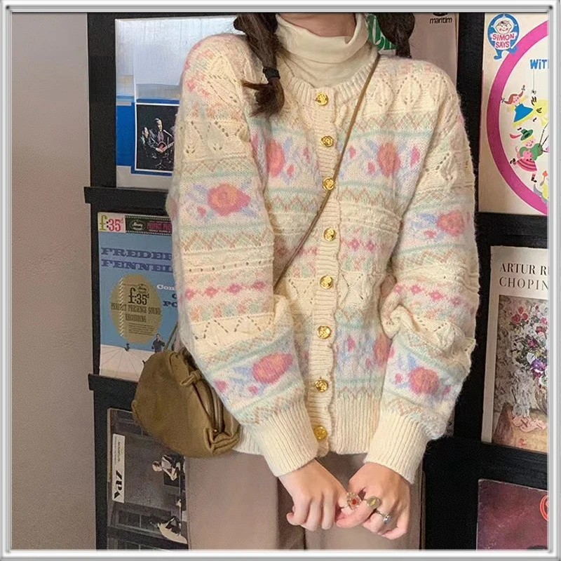

Ladies Sweater Cardigan Top Button Office Ladies Sweater Spring Japanese Fashion Knit Jacket Print Loose Knit Sweater
