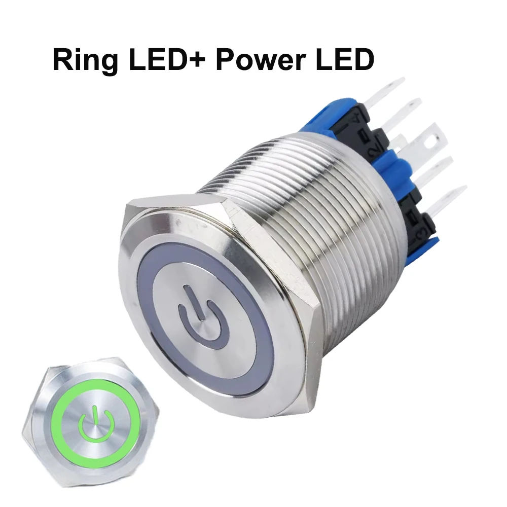 22 мм самоблокирующиеся и мгновенные металлические переключатели со знаком мощности диодное кольцо с подсветкой (3 В, 6 в, 12 В, 24 В, 230 В)