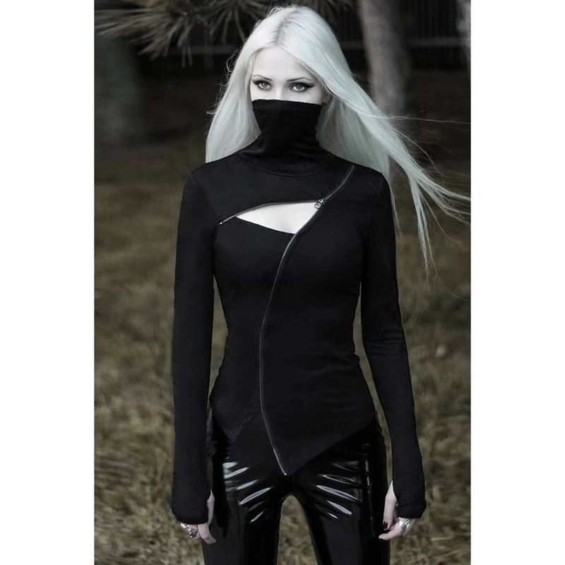

Turtleneck Black Women T-Shirts Gothic Punk Zipper Hollow Out Long Sleeve Shirt Streetwear Party Sexy Goth Tops