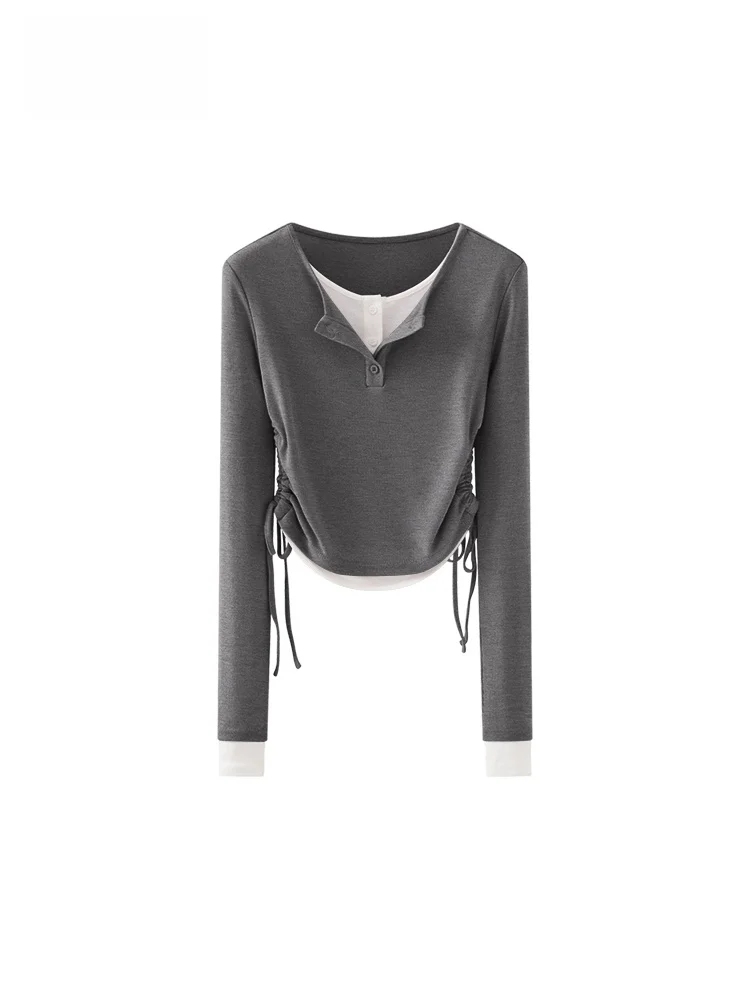 La Chapelle round Neck Contrast Color Patchwork Side Pleating Slim fit Lace-up Fake Two Pieces Short Jacket Women