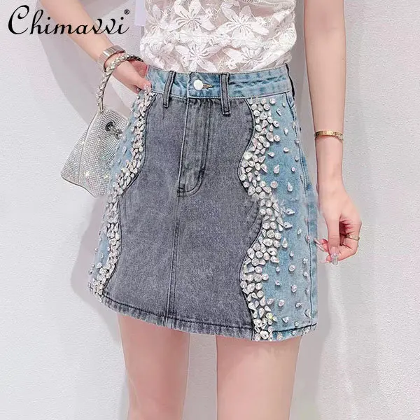 

Women's Skirt 2023 Summer New Korean Fashion Sweet Heavy Luxury Rhinestone Skirts High Waist Slimming A- Line Denim Skirt