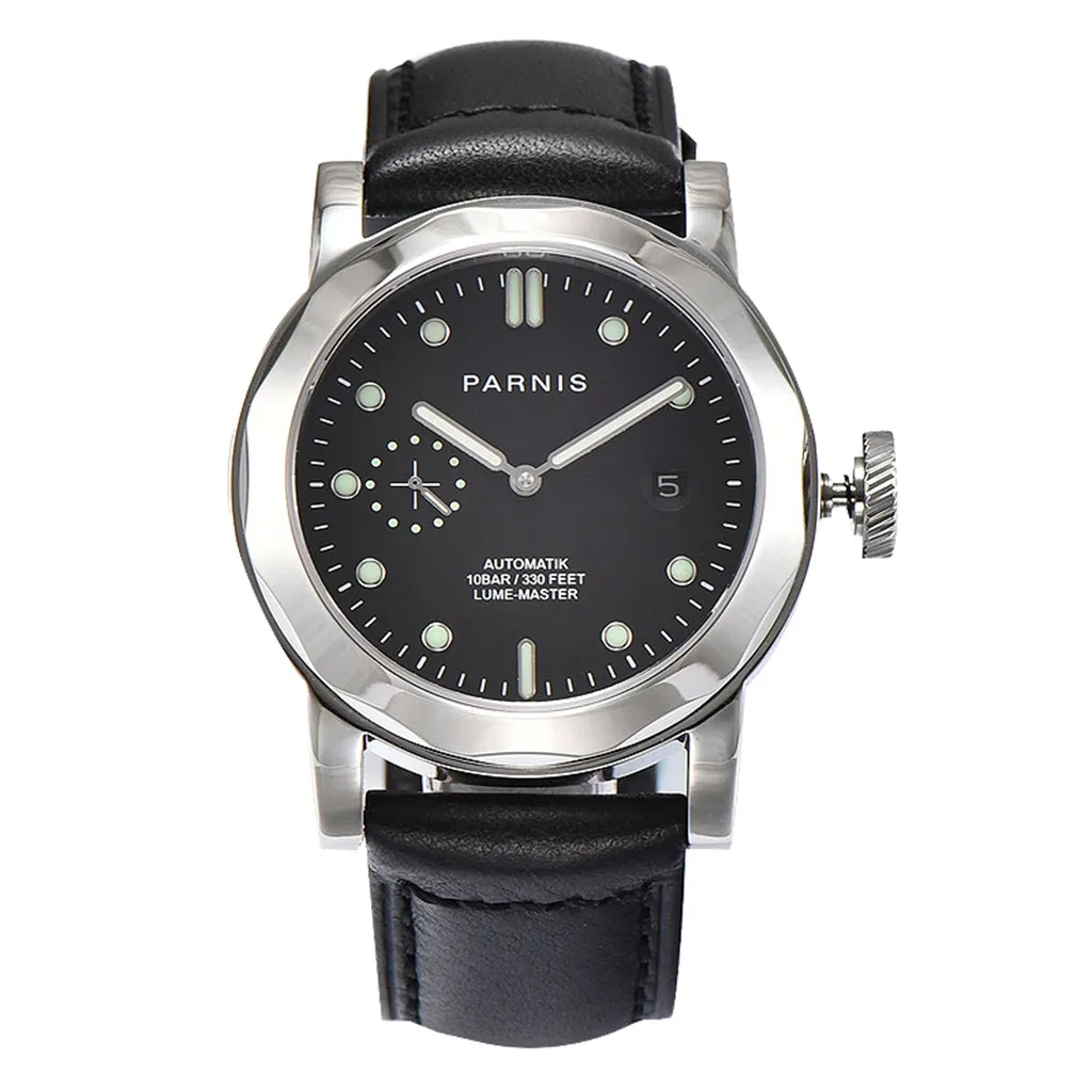 

New Parnis 43mm Stainless Steel Case Automatic Mechanical Watch Men Sapphire Crystal Leather Strap Watches Luminous Man Clock