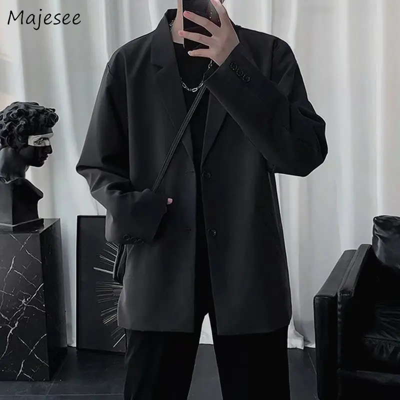 

Blazers Men Spring Chic Handsome Baggy Ulzzang Fashion Casual Male одежда Teens All-match Solid Black Simple Pockets Young Newly