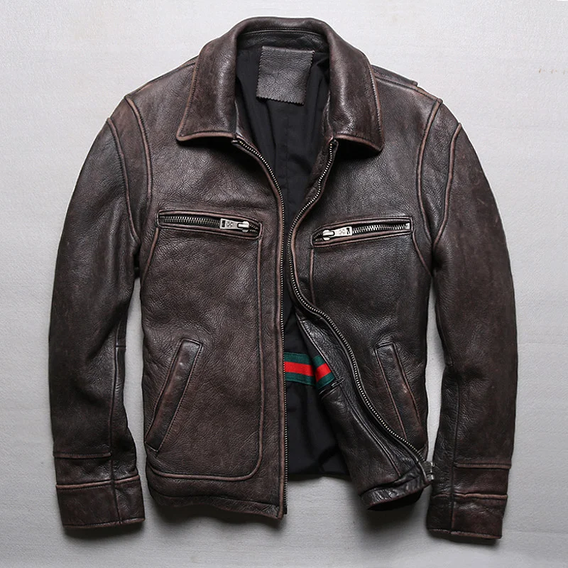

Классическая винтажная мотоциклетная куртка из натуральной кожи коричневого цвета в стиле ретро