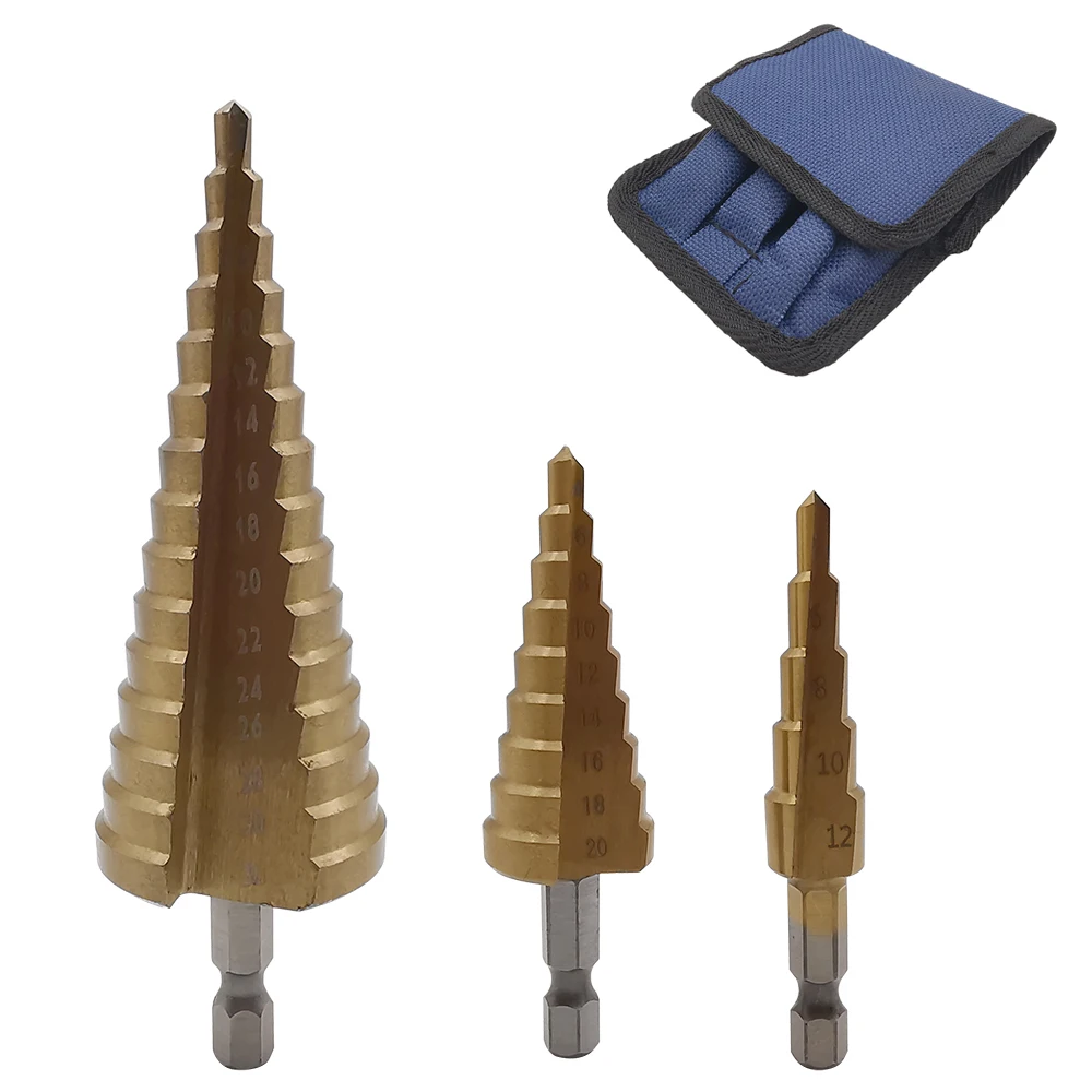 

3Pcs 4-12/20/32mm HSS Straight Groove Step Drill Bit Set Titanium Coated Wood Metal Hole Cutter Core Drill Bit Set