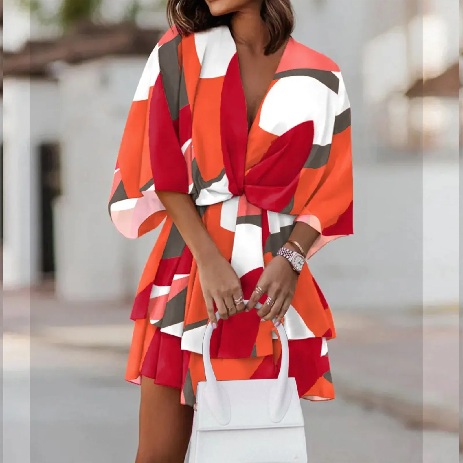 

Women Boho Short A Line Flare Dress Knot Front Long Sleeve V Neck Tiered Ruffle Swing Colorblock Printed Beach Mini Dresses