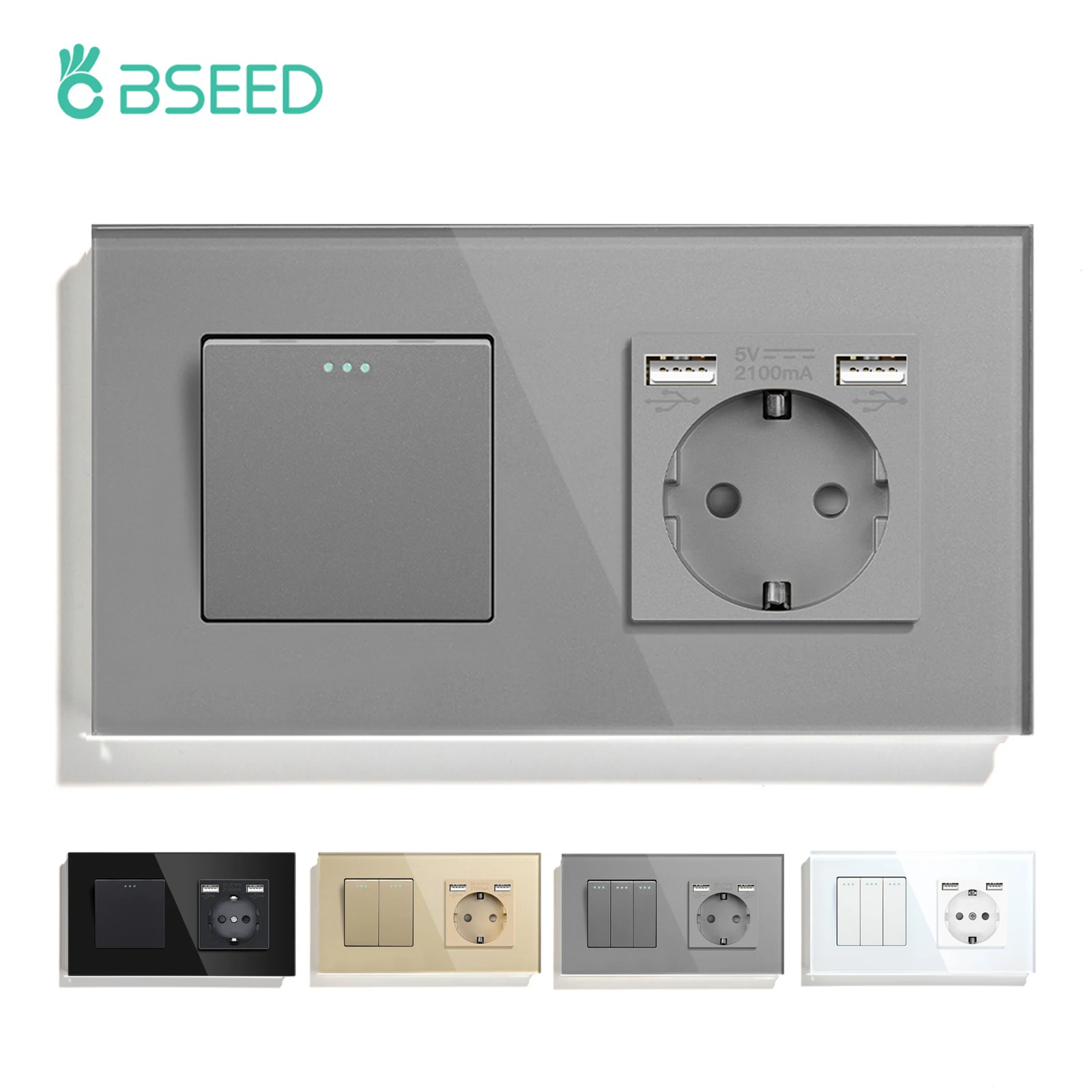 

BSEED Button Wall Switches 1/2/3Gang 1Way Wall Double USB Socket Mechanical Switches EU Standard USB Charge Power Outlets