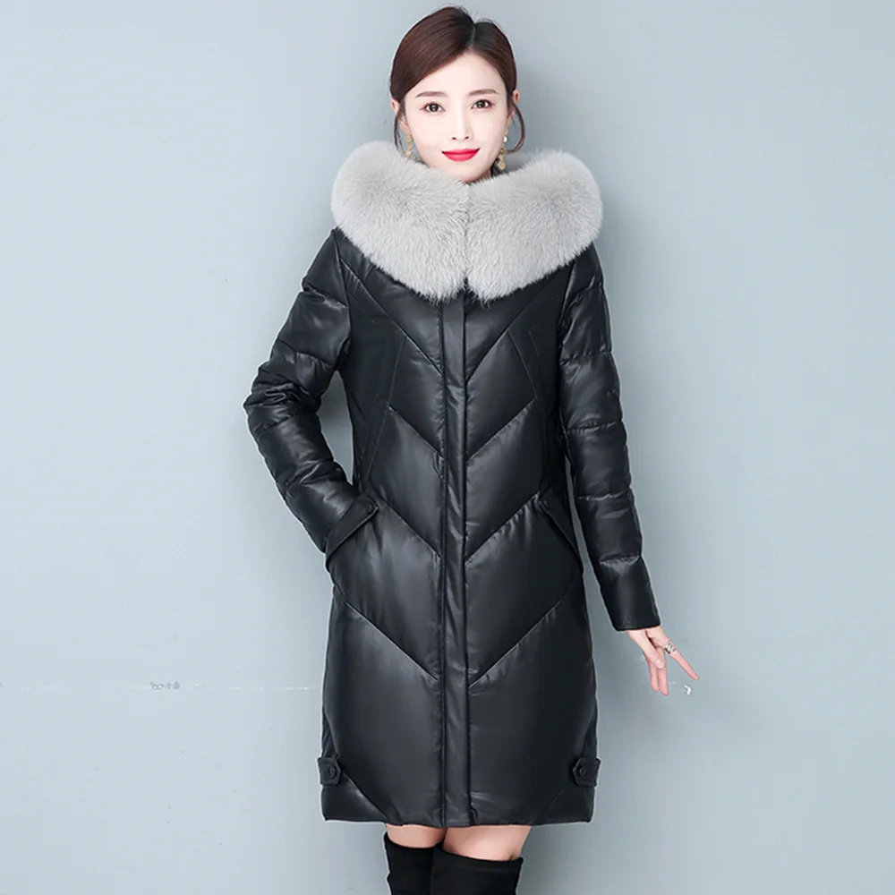 New Women Sheep Leather Down Coat Winter Casual Fashion Warm Real Fox Fur Collar Hooded Slim Leather Down Jacket Medium Long