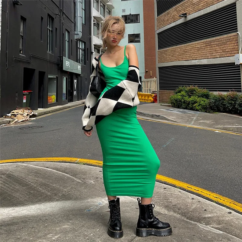 

CGC 2022 Solid Summer Sexy Slip Dress Women High Waist Slim Bodycon Midi Dress Casual Female Long Sundress Elegant Party Dresses