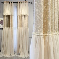 korean style sequin embroidery pearl lace double curtain for bedroom girl room beige elegant window drape for wedding room decom