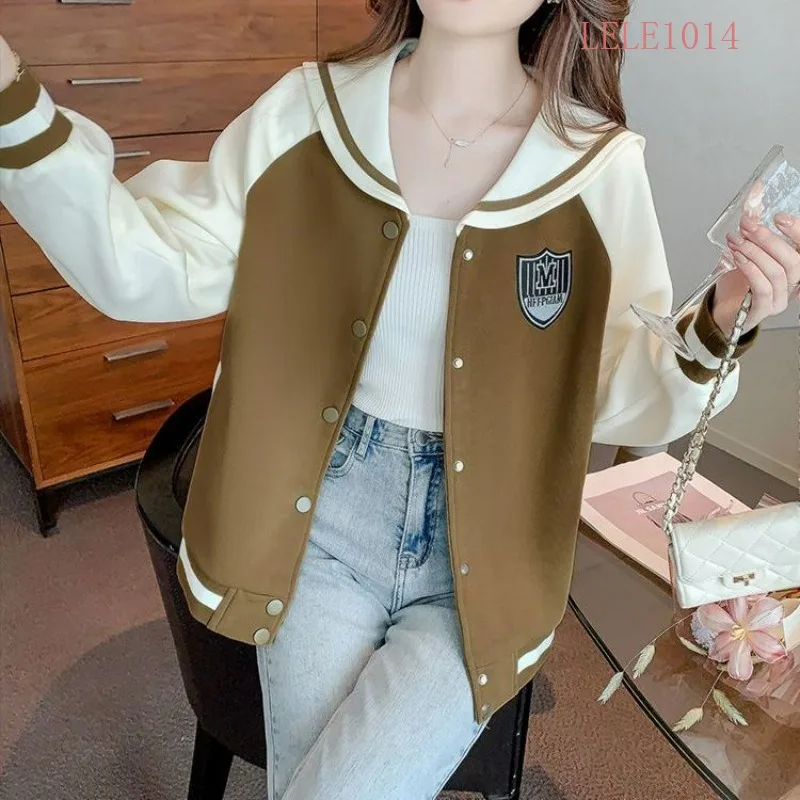 

Navy Collar Contrast Baseball Coat Women's 2023 Autumn New Navy Collar Advanced Fashion Loose Cardigan Top Jackets for Women