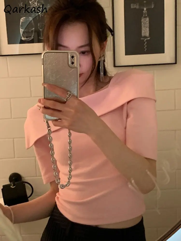 

Summer T-shirts Women Elegant Square Collar Knitted Female Simple Casual All-match Daily Streetwear Vintage Aesthetic Ulzzang
