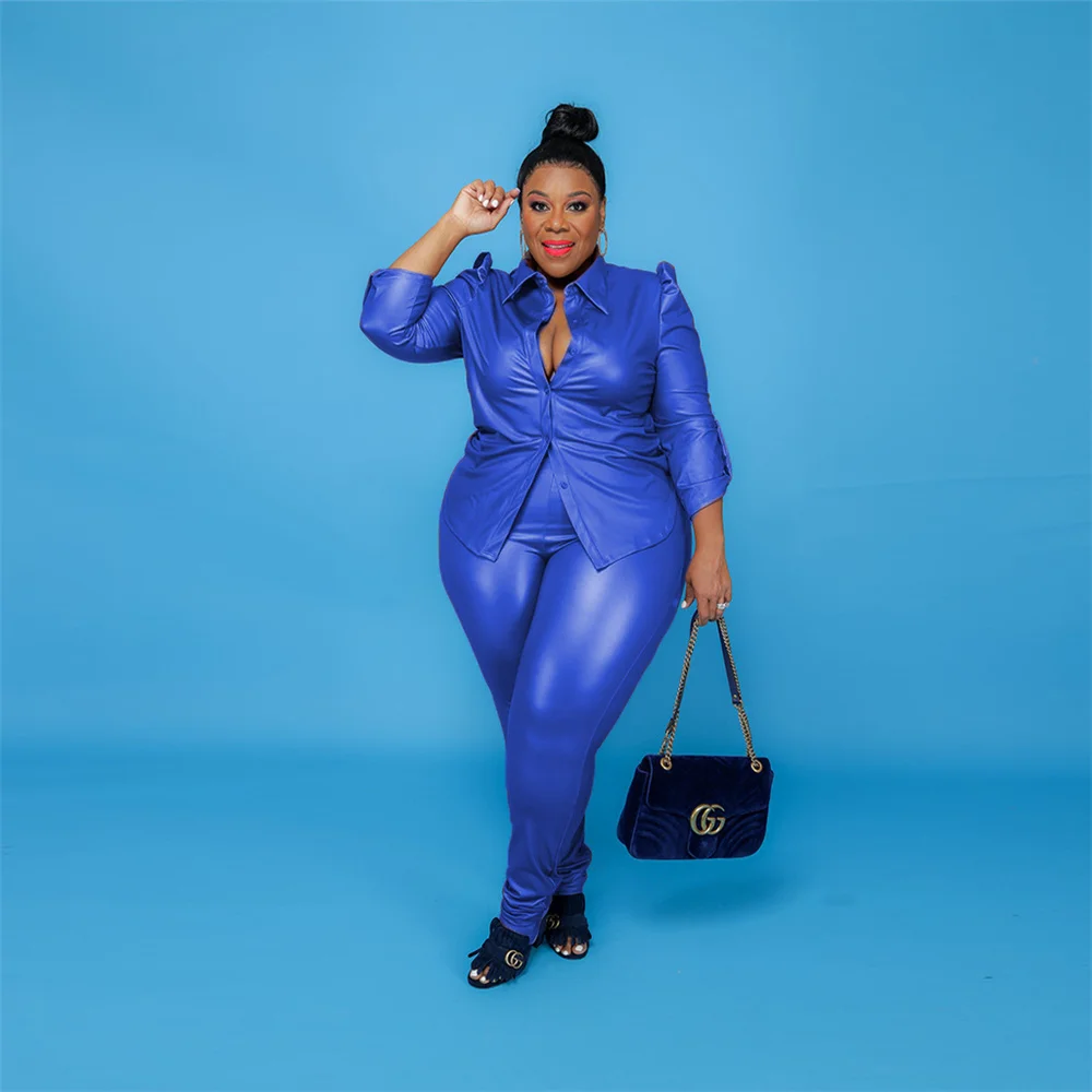 Plus Size Women Clothing Pu Two Pieces Sets Office Lay Long Sleeve Top Trousers Solid Fashion New Outfits Who 3xl 4xl 5xl 6xl
