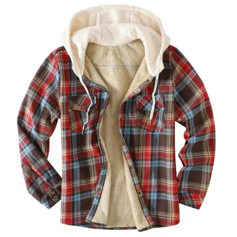 Outwear Fashion Winter Thick Fleece Lined Striped Color Block Flannel Shirt Jackets And Coats For Man