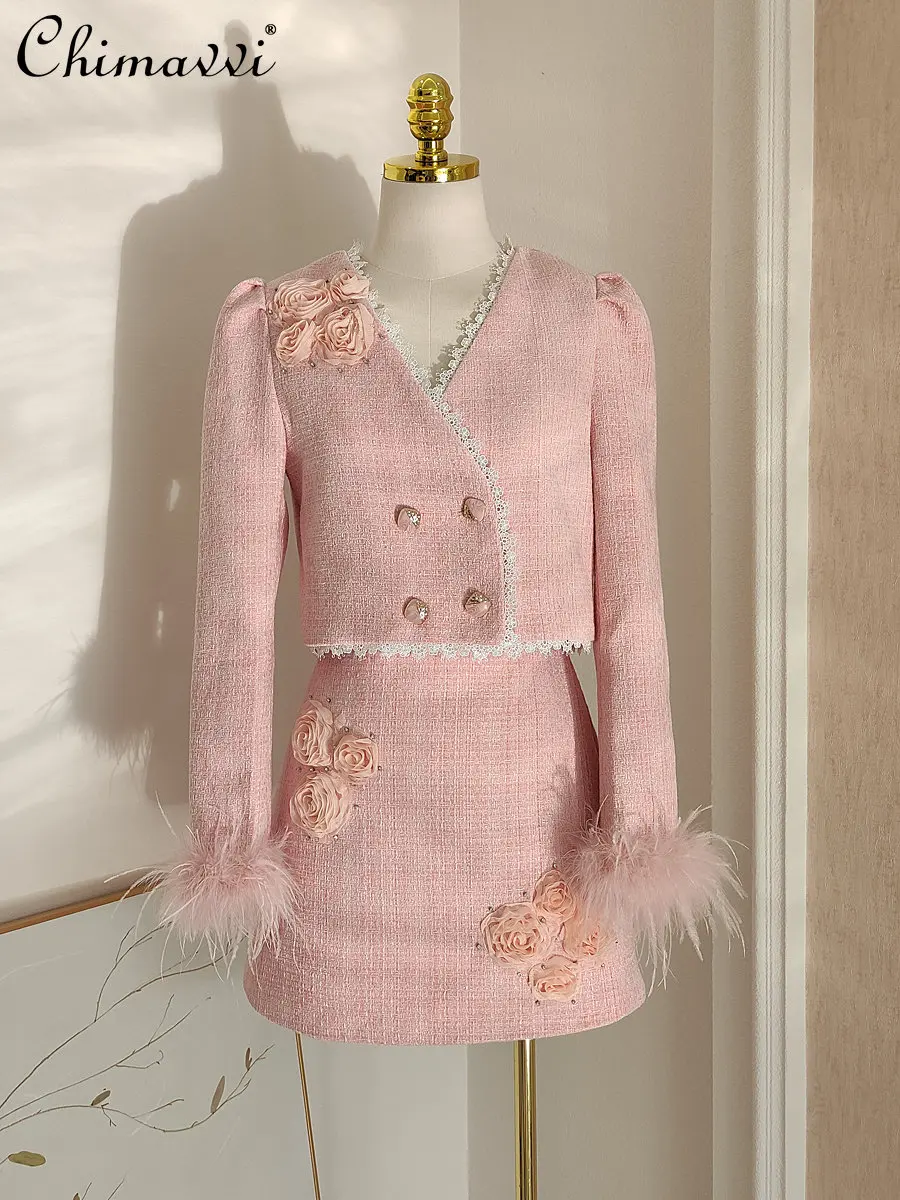 

Женский твидовый костюм с перьями, осенний костюм с длинным рукавом, блестками и трехмерными цветами, стразы, пальто + юбка с высокой талией