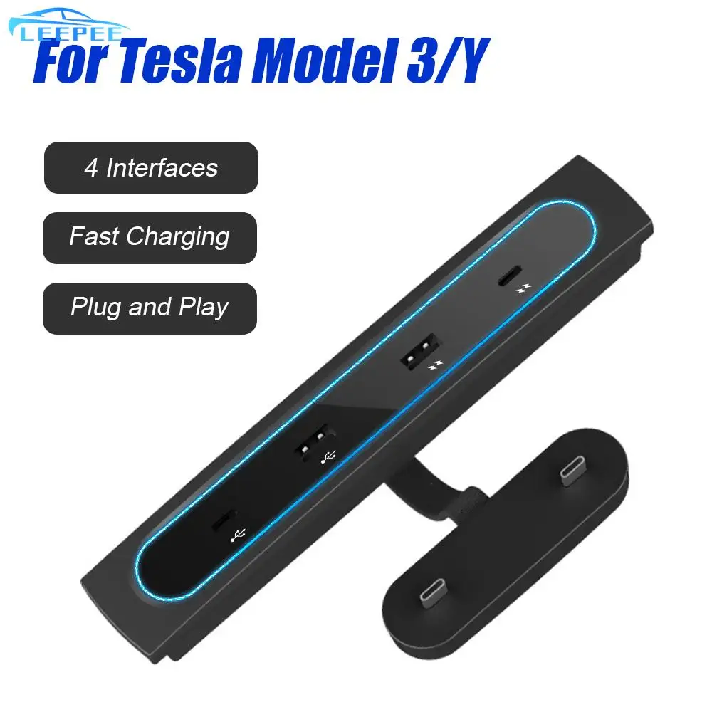 

Data Transmission 2 USB 2 TYPE-C Intelligent for Tesla 2021-2022 Model 3/Y HUB Docking Station 27W Quick Charger