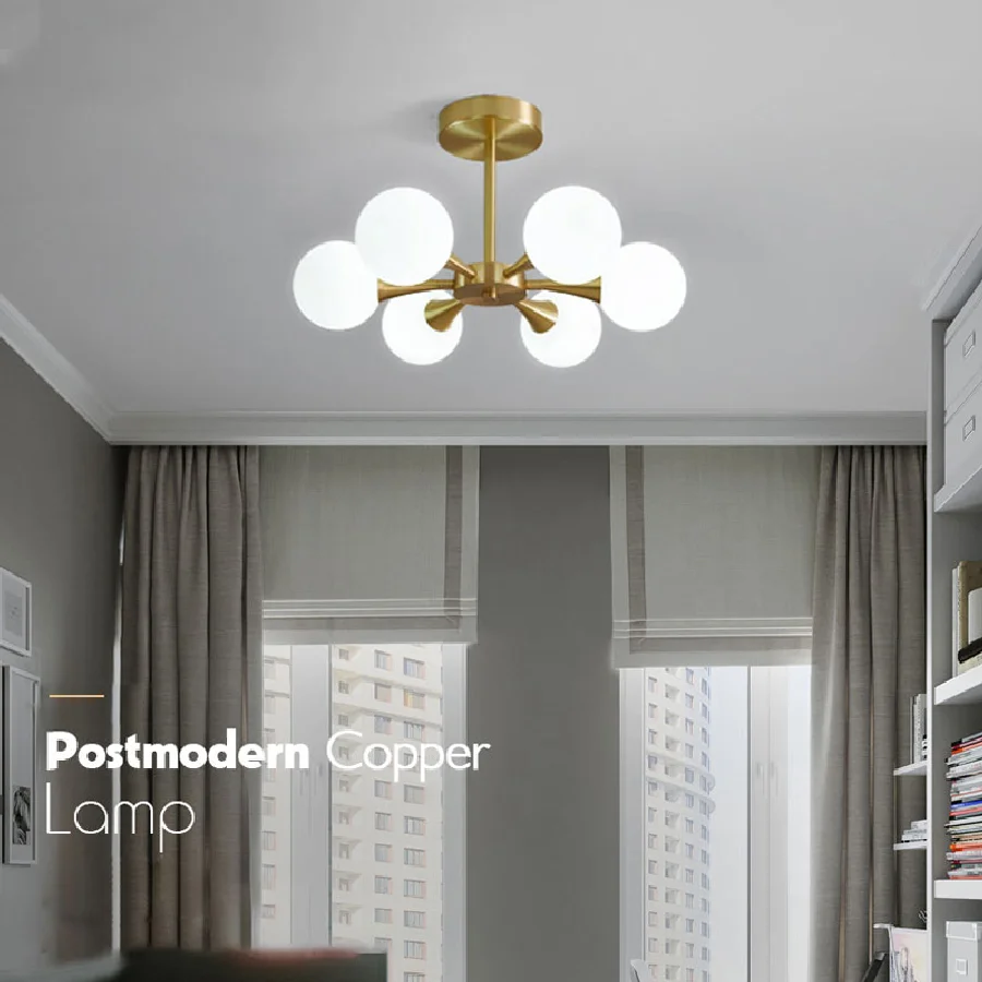 

Скандинавская потолочная лампа для спальни, комнаты, коридора, медная светодиодная люстра, белая прозрачная стеклянная лампа, фотолампа, до...