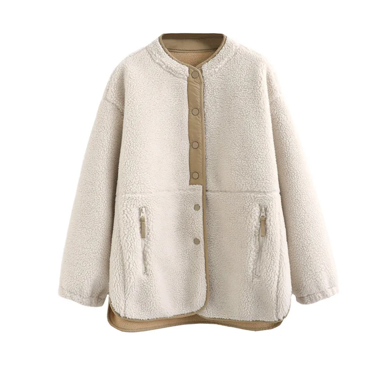 Winter lambswool coat women's loose drawstring tunic