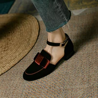 2022 summer womens sandals natural leather 22-24.5cm cowhide/cashmere upper Retro hollow bow low block heel comfortable shoes
