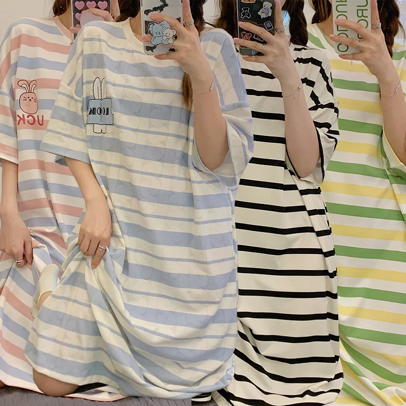 

2022 Summer Cotton Short Sleeve Long Dress Nightgown for Women Casual Striped Loose Sleepwear Nightdress Night Dress Home Nighty