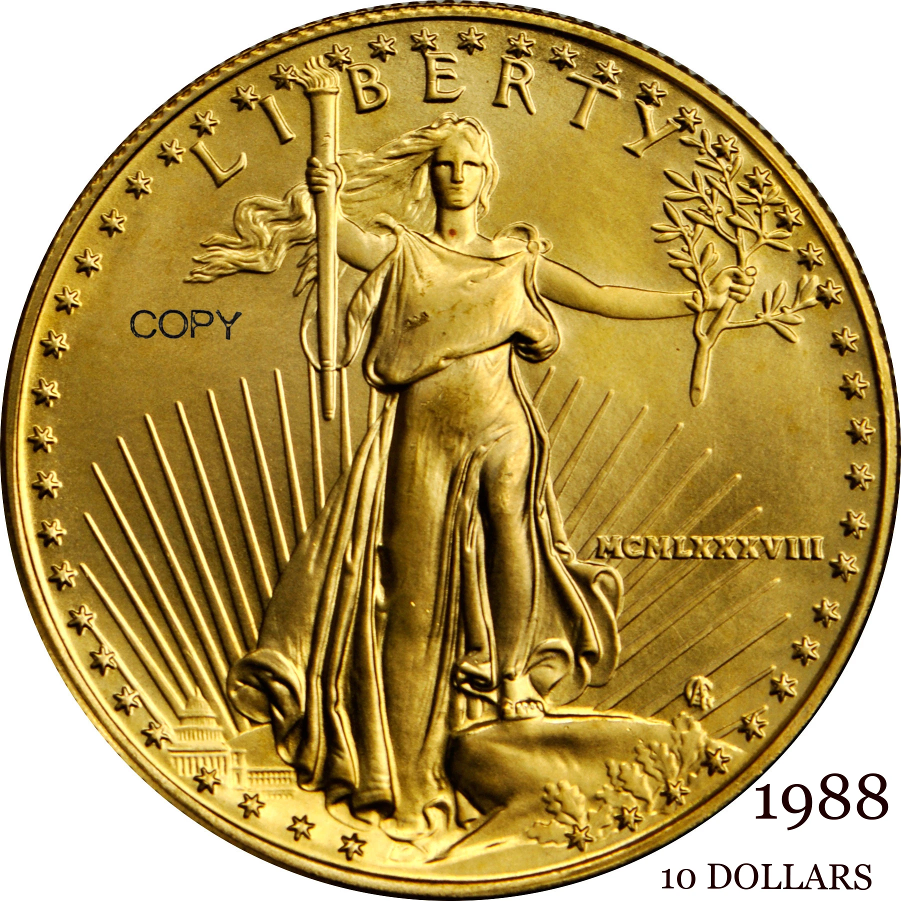 

United States US 1988 10 Ten Dollars Quarter Ounce American Gold Eagle Bullion Coinage USA Liberty Gold Brass Metal Copy Coin