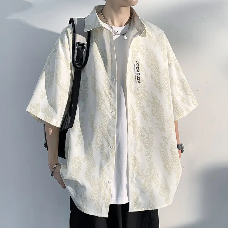 2022 Summer New Hip Hop Men's Shirt Loose Casual Simple Top Short Sleeve Blouse Elegant Male Clothes Trendy
