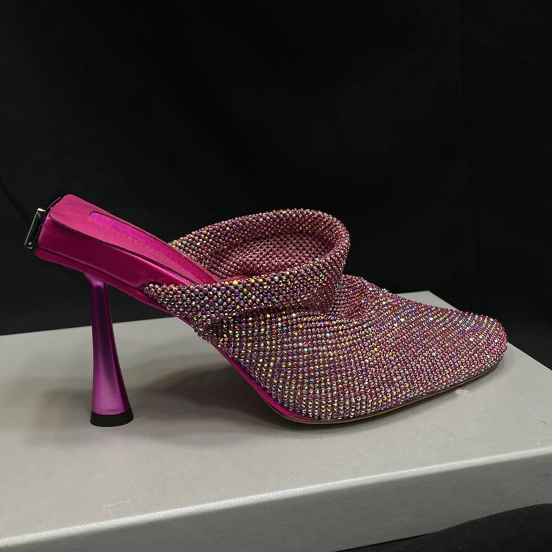 

High Heels Summer Women Shoes Pointed Sequins Luxury Crystal Rhinestone Ladies Sandals Party High Heels Satin Slippers Mules