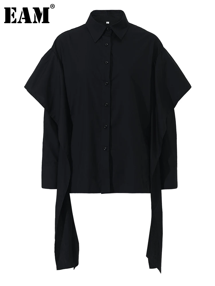

[EAM] Women Black Ribbon Irregular Big Size Blouse New Lapel Long Sleeve Loose Fit Shirt Fashion Tide Spring Autumn 2023 SG35901