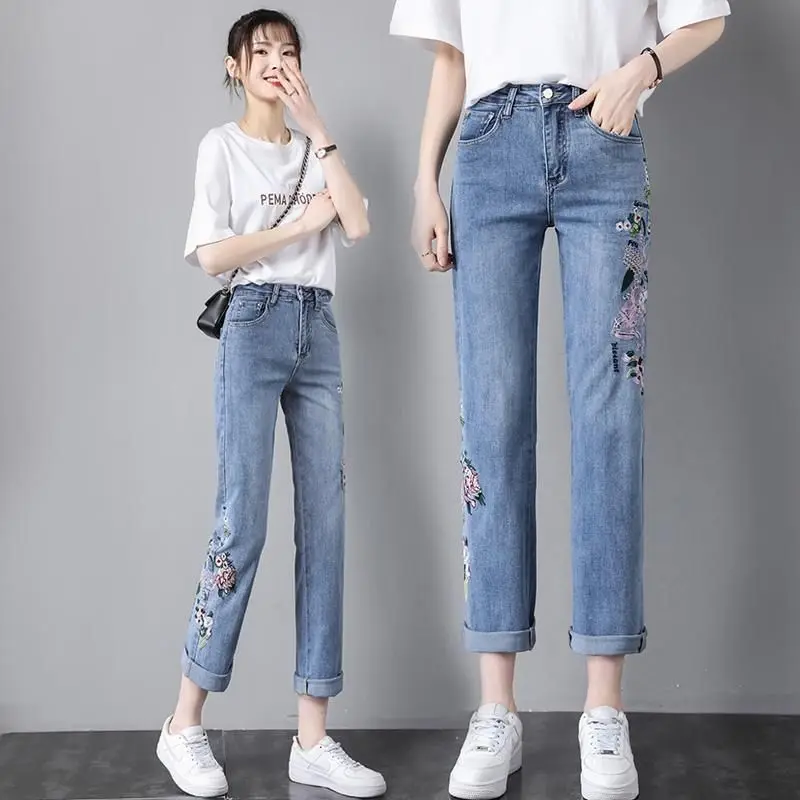 Straight Jeans Women's Summer Thin Section Loose High Waist Embroidered Ethnic Style with Flower Tide Straight Pants Trousers