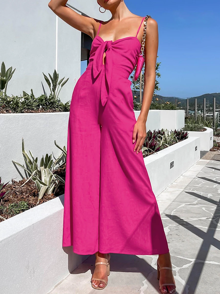 

Summer Solid Jumpsuits Women Sexy Simple Chic Elegant Bandage Zipper Sleeveless Camis 2023 New Fashion Casual Wide Leg Playsuits