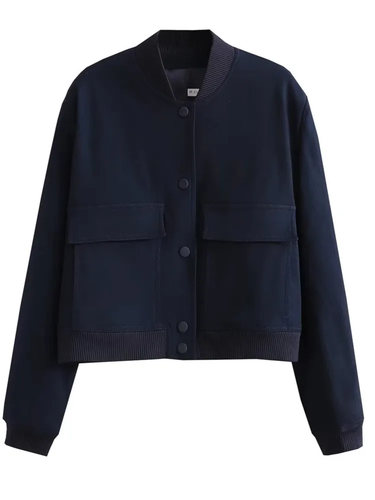 

Solid Single Breated Bomber Jacket Coat Women Cropped Long Sleeve Large Pocket Short Jackets Spring Lady's Streetwear Coats