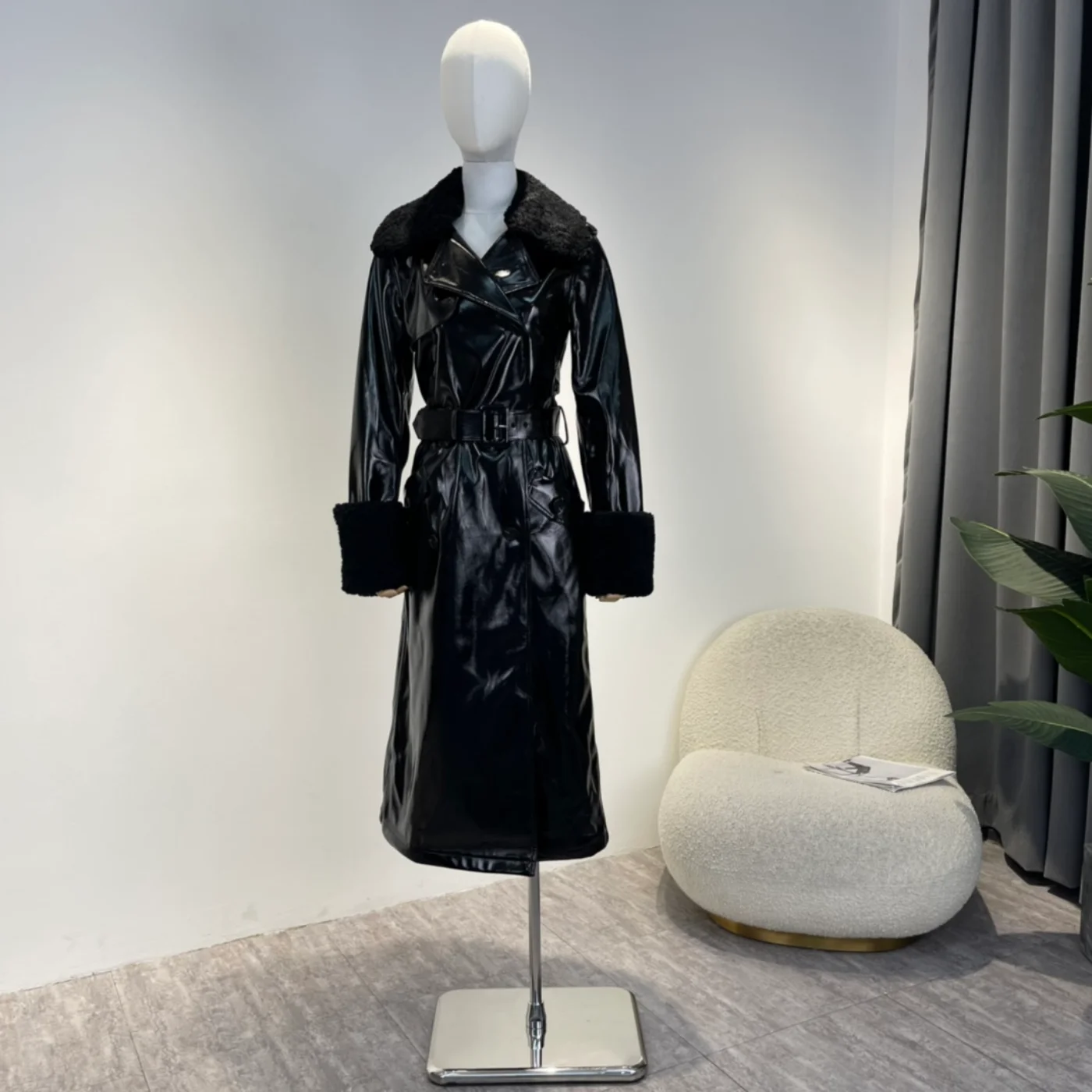 Original Black Faux Leather Long Jacket Women 2022 Autumn Winter Long Sleeve Windbreakers