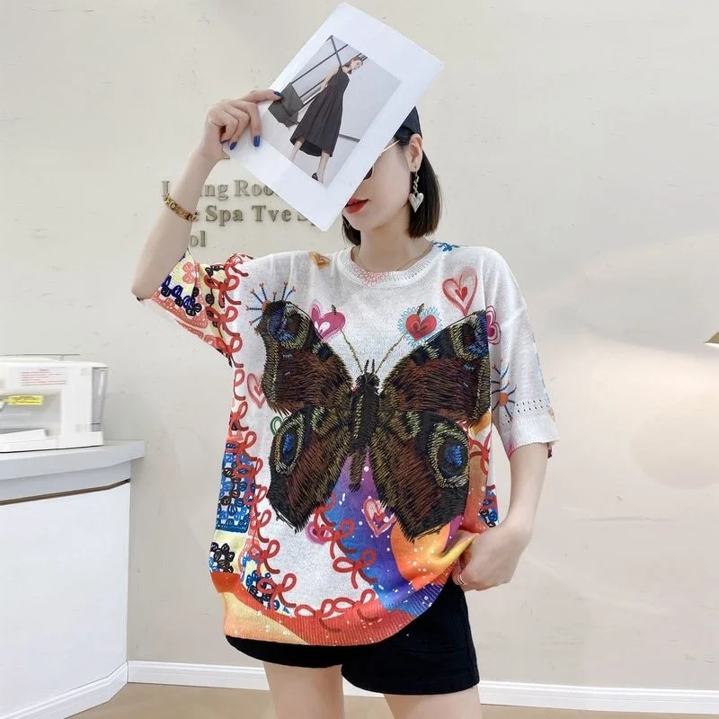 

2022 New Printed T-shirt Short Sleeve Summer Large Size Literary Artistic National Style Korean Women's Top Tees Vintage T Shirt