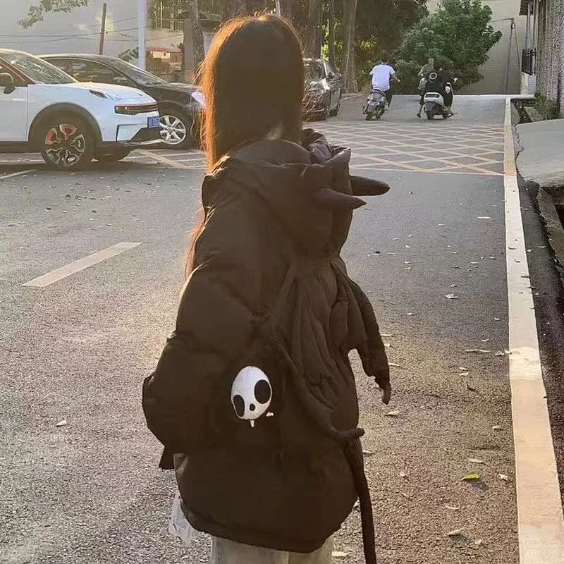 Emo Winter Women Streetwear Harajuku Korean Jackets Parkas Zipper Jacket Devil Horn Hoodie Warm Ladies Down Coats Alt Clothes