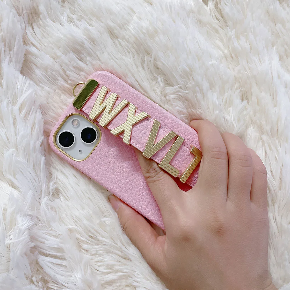 

Personalized Custom Initial Metal Gold Name Wristband Leather Case For Iphone 14 Pro Max 13 12 11 XS XR 7 8 Plus SE3 MiNi Cover