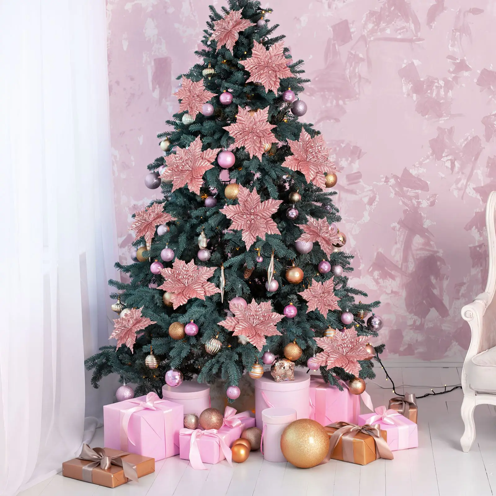 

Flowers Christmas Artificial Poinsettia Flower Tree Glitter Decorationsfake Decor Ornaments Gold Xmas Stem Poinsettias Wedding