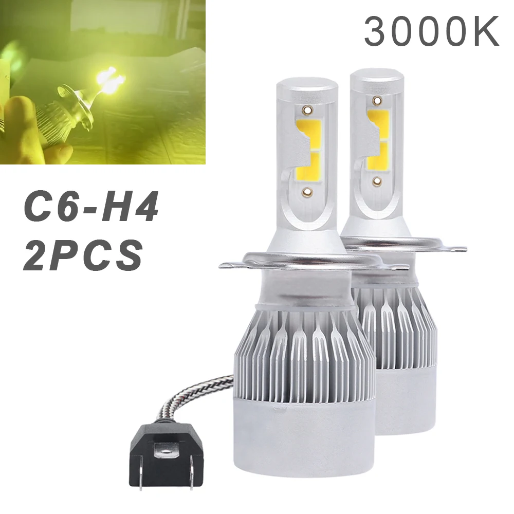 

2pcs H4 C6 3000K 3800LM 36W COB LED Car Headlight Kit Hi or Lo Light Bulb Waterproof Daytime Running Light
