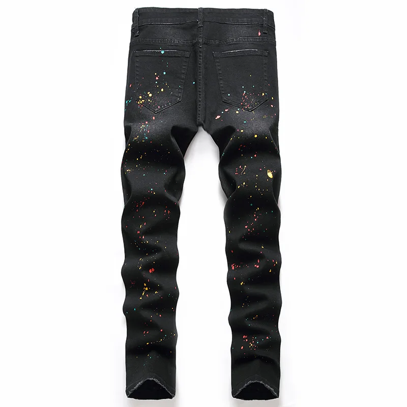 Jeans Men New Elastic Black Pants Slim Fit and Perforated Personalized Trendy Pants Men