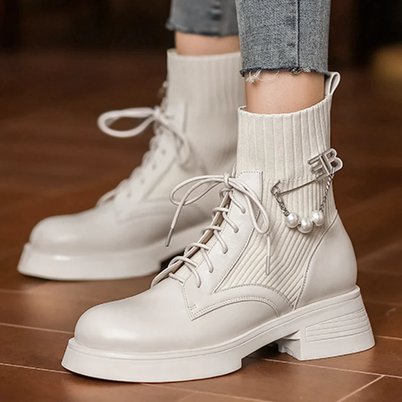 

2022 Autumn Women's Ankle Boots New Fashion Thick-soled Round Toe Cross Lace Patent Leather Simple Ladies Casual Elegant Boots