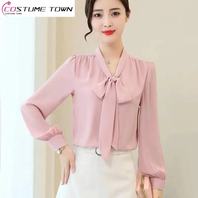 2023 Spring/Summer New Long Sleeve Chiffon Shirt Women's Korean Edition Bow Style Top Fashion Slim Shirt Women