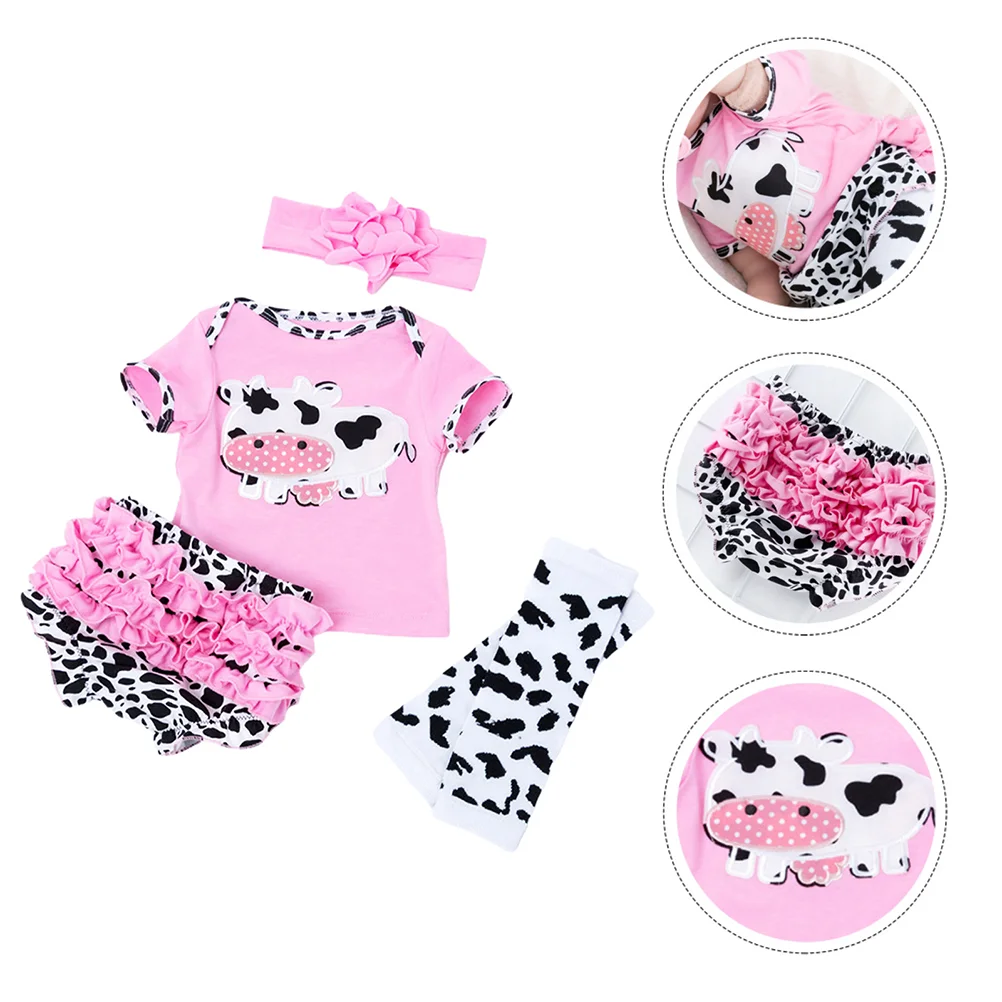 

4 Pcs Cow Clothes Reborn Newborn Boy Short Sleeve Outfit Dolls Matching Clothing Combed Cotton Baby Girl Para Mujer