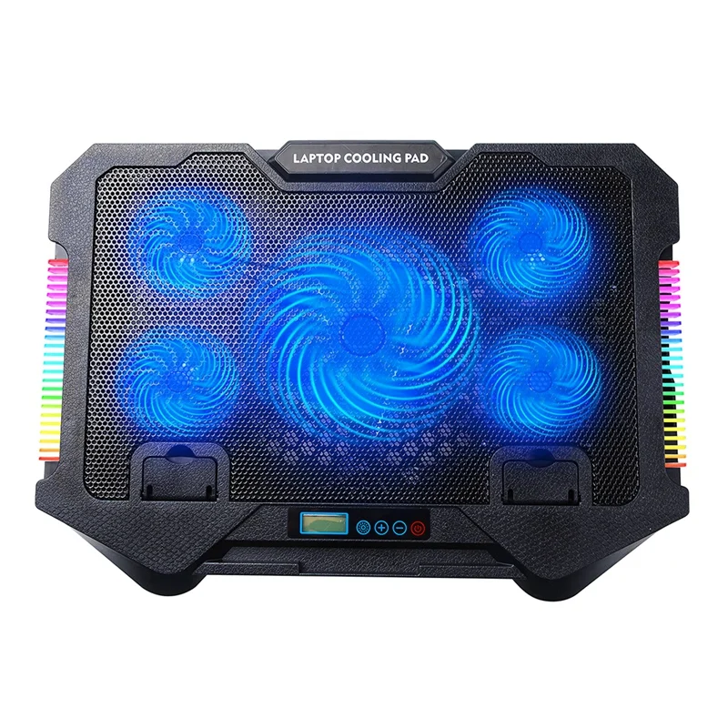 Laptop Cooling Pad RGB Gaming Notebook Cooler, Laptop Fan Stand Adjustable Height With 5 Quiet Fans And Phone Holder