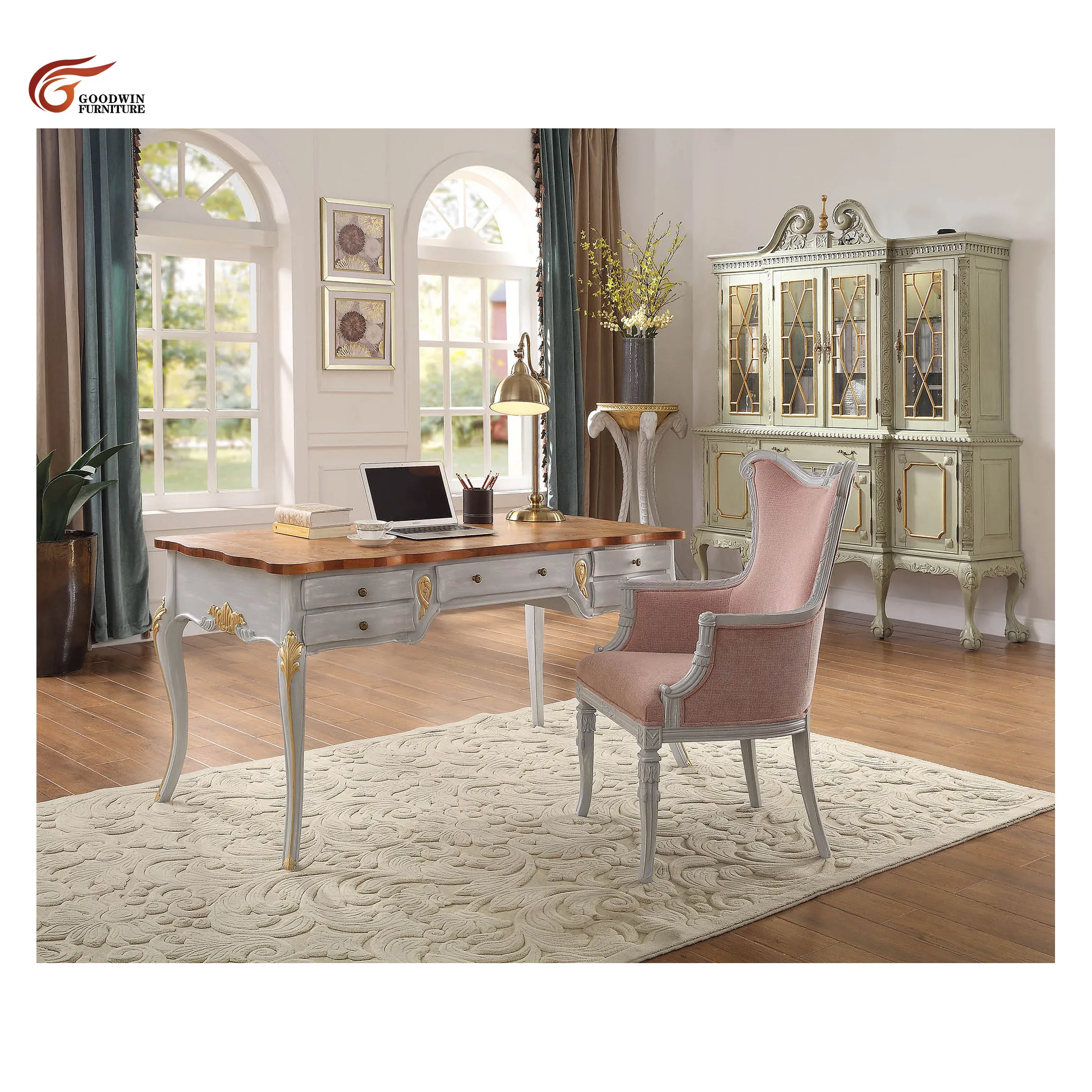 

New Classic European Royal Style Competitive Price Study Room Furniture Desk And Bookcase GGC95