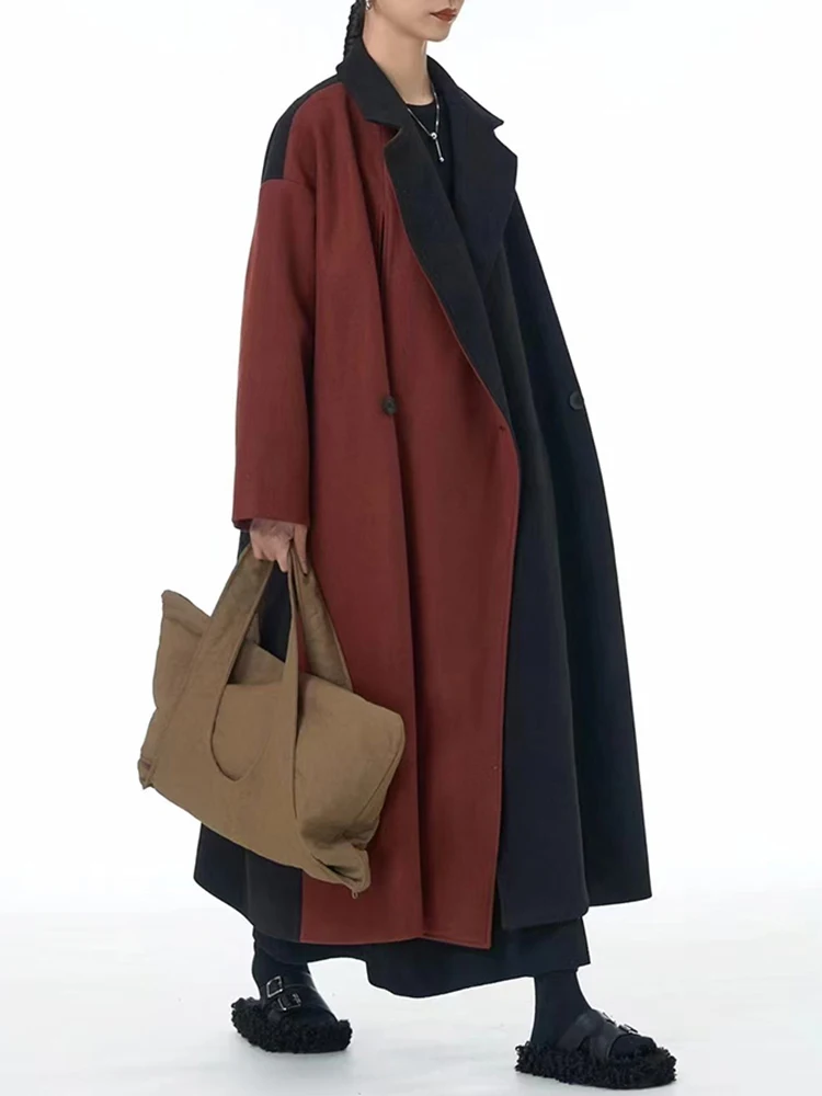 [EAM] Оранжевое длинное шерстяное пальто большого размера с цветными блоками новая