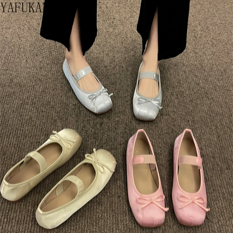 

Ballet Mary Jane Single Shoes Female 2023 New Shallow Mouth Flat Bottom Grandma Shoes Sweet Bow Decor Girl Flat Shoes