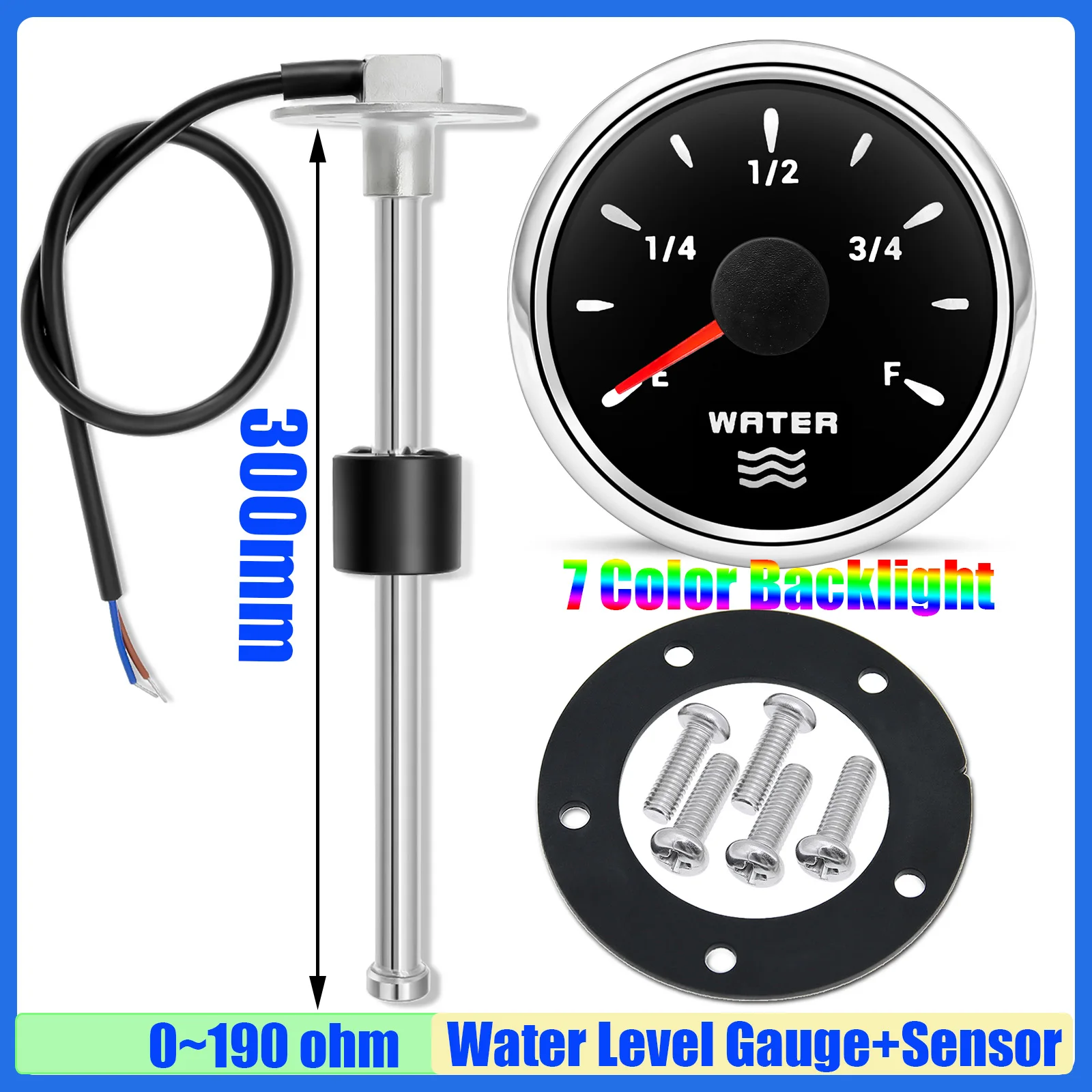 

Датчик уровня воды 0-190 Ом, 52 мм, датчик уровня воды с 7-цветной подсветкой, измеритель уровня воды для яхты, лодки, автомобиля, 12 В, 24 В