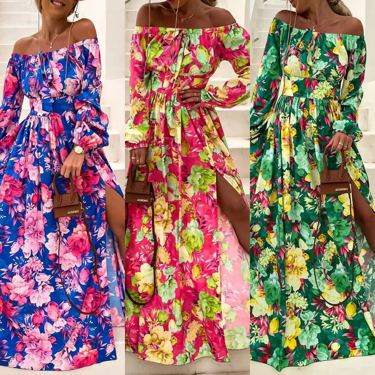 

2023 Winter New Women's Pullover Long Sleeve High Waist Elegant Bohemian Holiday Style Line Neck Skirt Fashion Print Dress