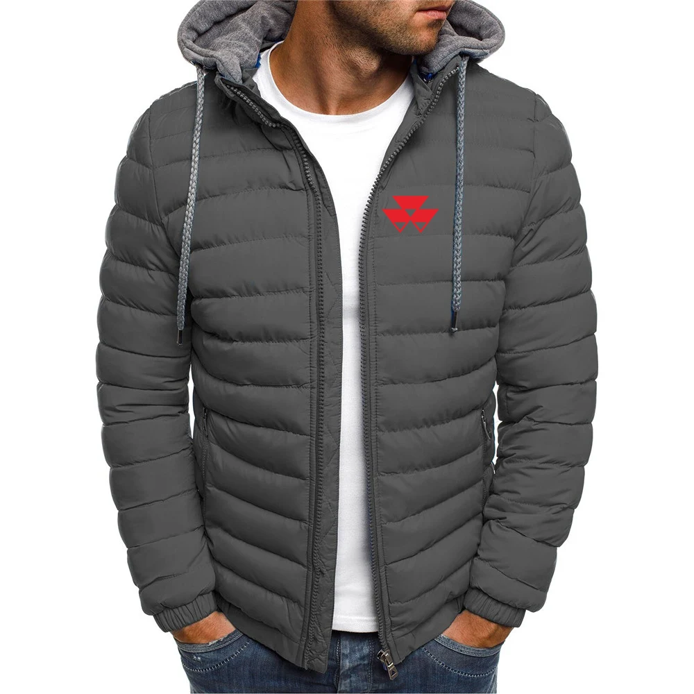 

Men New Winter Massey Ferguson Logo Print Colorblock Hooded Zip Design Cardigan Coat Casual Pure Color Pockets Man Down Jacket
